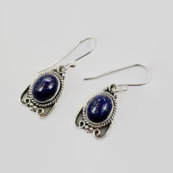 Lapis  Earrings, Sterling Silver, Pierced, Blue Stone, Dangle, Ear Wires - Picture 1 of 3